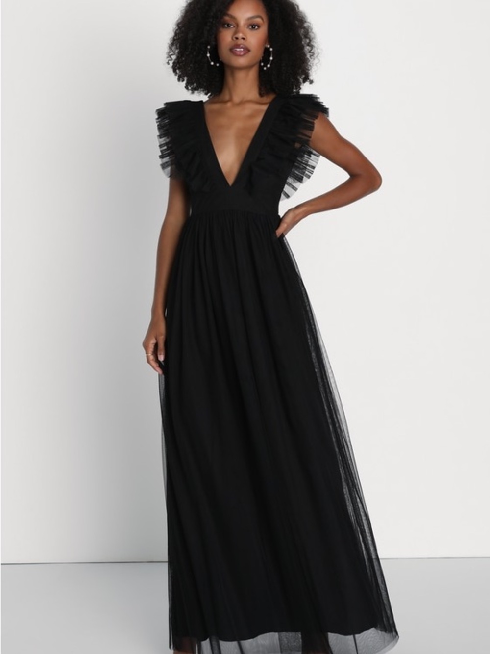 Lulu's Black Deep V-Neck Tulle Maxi Dress